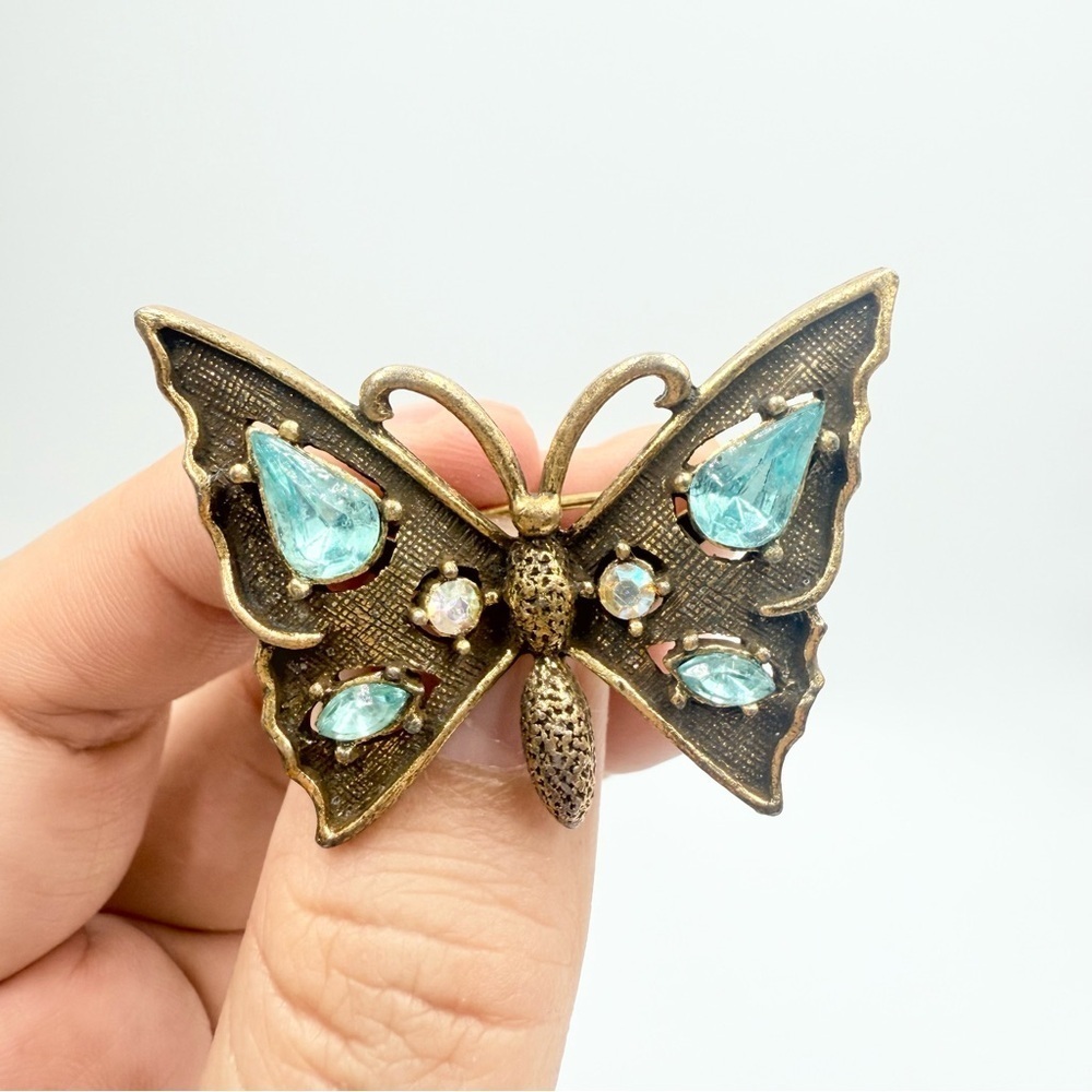 Vintage Brass Butterfly Brooch with Blue Clear Rhinestones